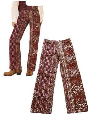 Free People Tennessee Low-Rise Printed  Corduroy Boyfriend Wide-Leg Boho Jean 27